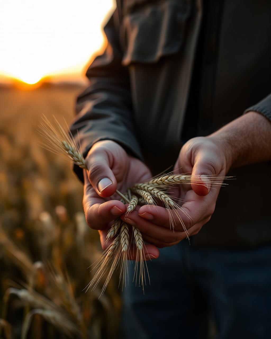 Farmer holding freshly harvested grain at sunset