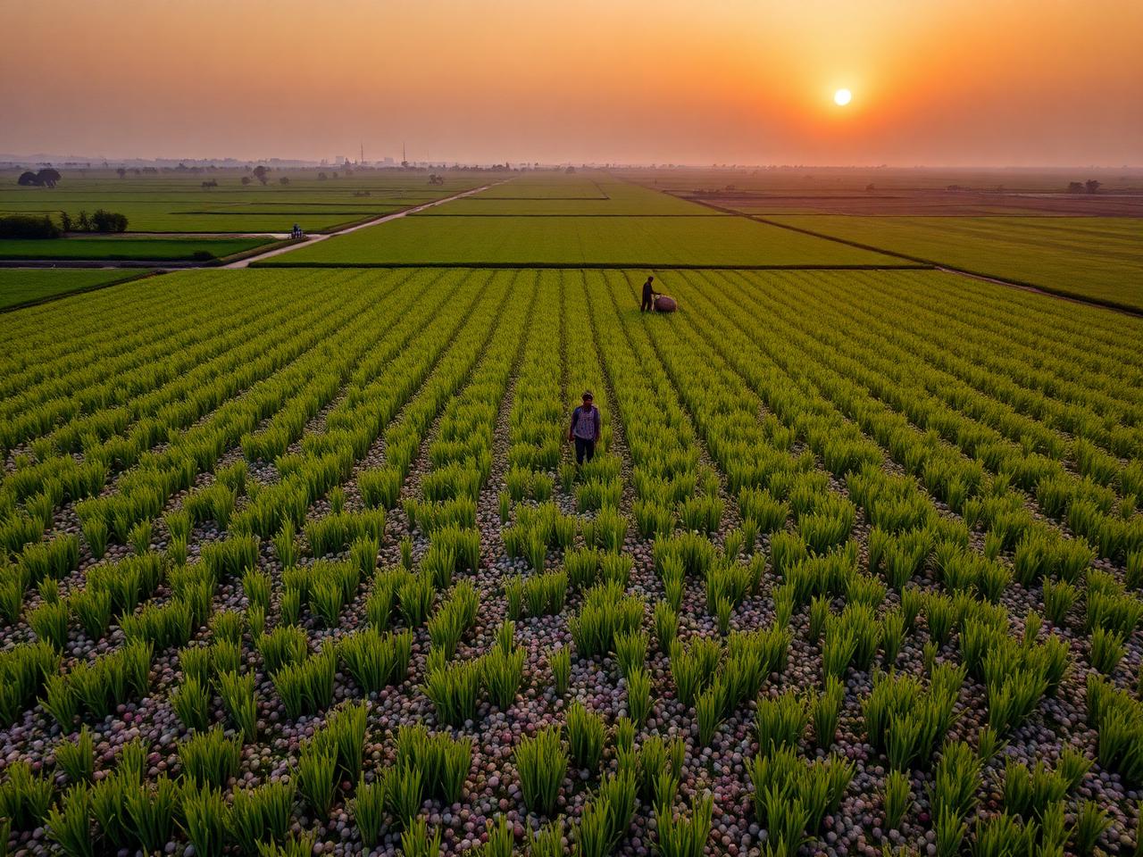 Onion farm at sunset